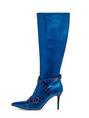 Niihai Metallic Blue Knee-High Pointed-Toe Stiletto Boots with Studded Straps
